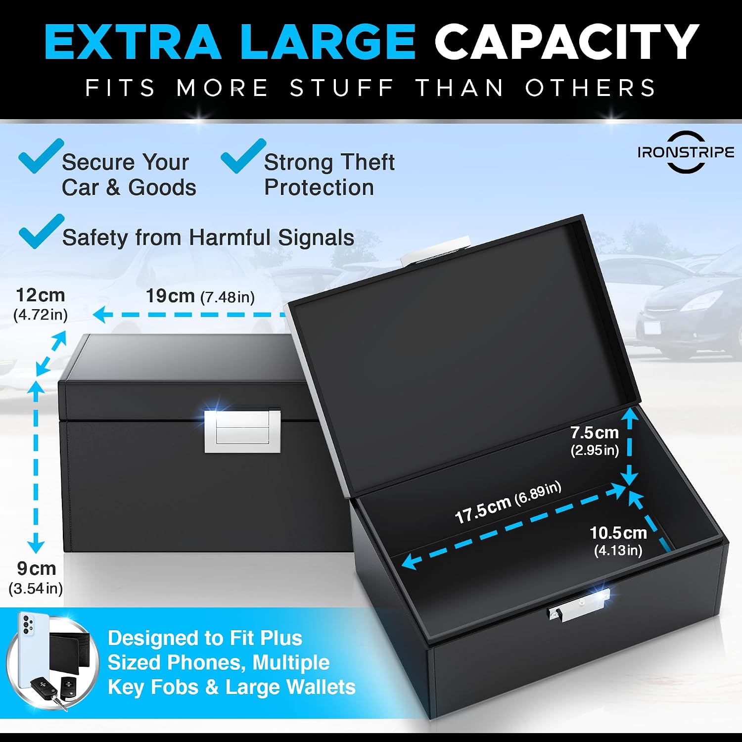 Detalle de Ironstripe Faraday Box for Car Keys – Extra Large 19 x 12 x 9 cm, RFID Blocker & Signal Shield
