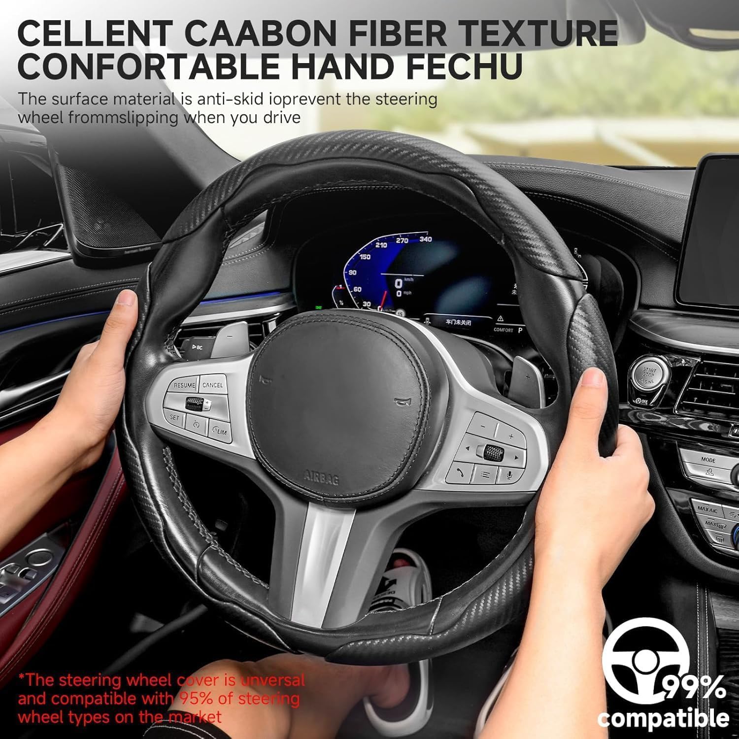 Thumbnail 1 de EINESIN 3pcs Car Carbon Fibre Anti-Skid Steering Wheel Cover – Universal 99% Fit
