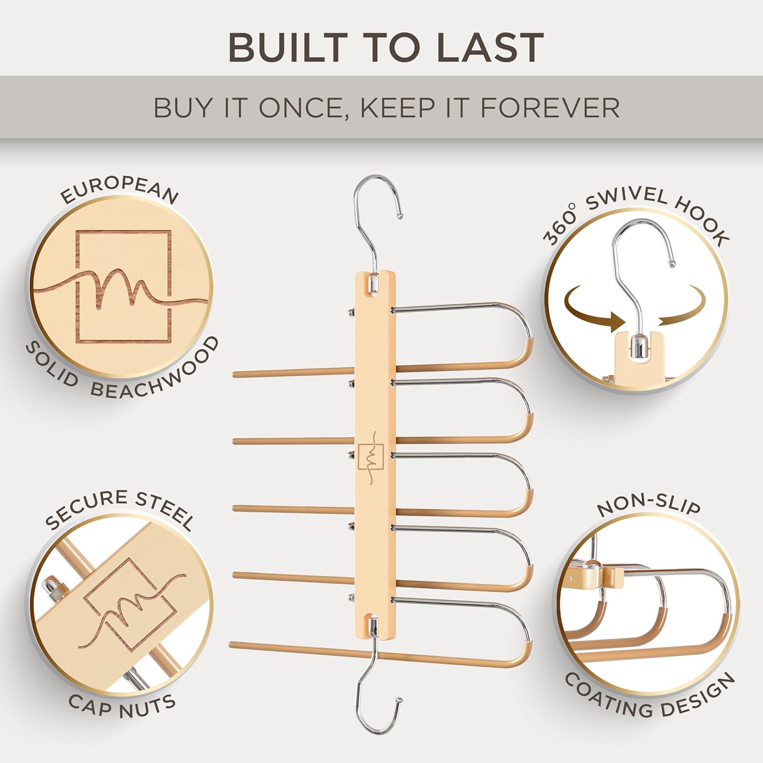 Thumbnail 1 de MORALVE Pants Hangers Space Saving - 2 Pack European Beechwood Hangers with 360° Swivel Hooks
