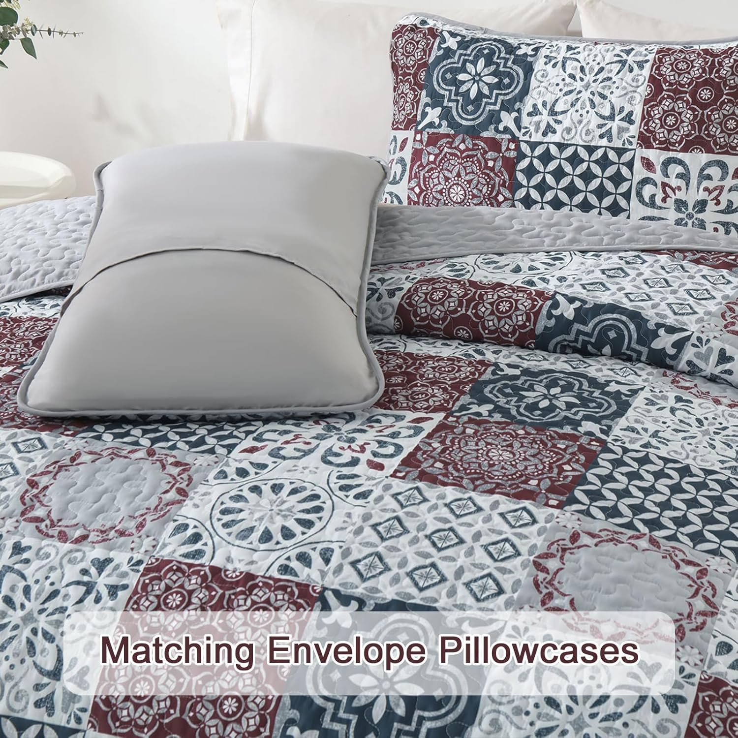 Thumbnail 5 de Dobuyly Patchwork Quilt Set Queen Size Boho Plaid Bedspread - 3 Pieces, Red Grey, Microfiber