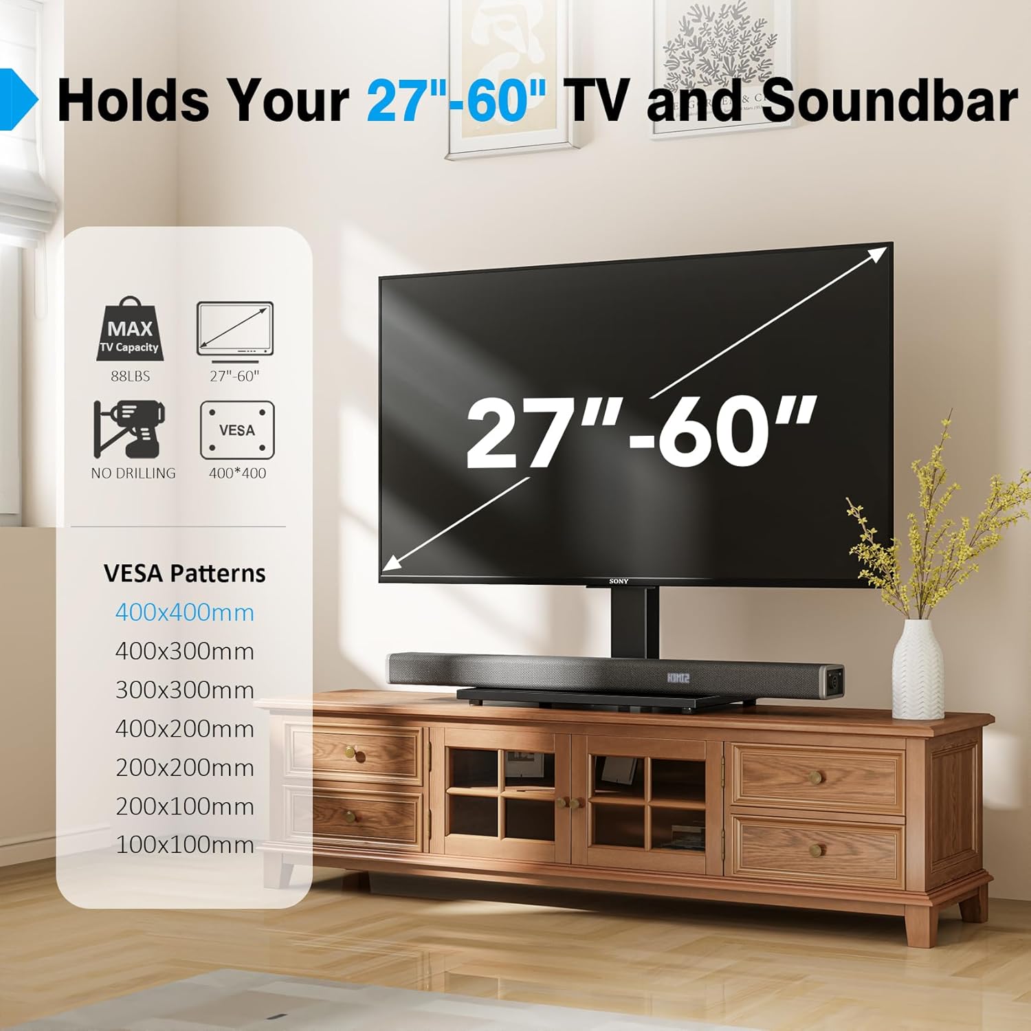 Thumbnail 1 de Hemudu Universal Table Top TV Stand for 27–60" LCD/LED TVs (VESA up to 400x400mm) — Height-Adjustable with Tempered Glass Base