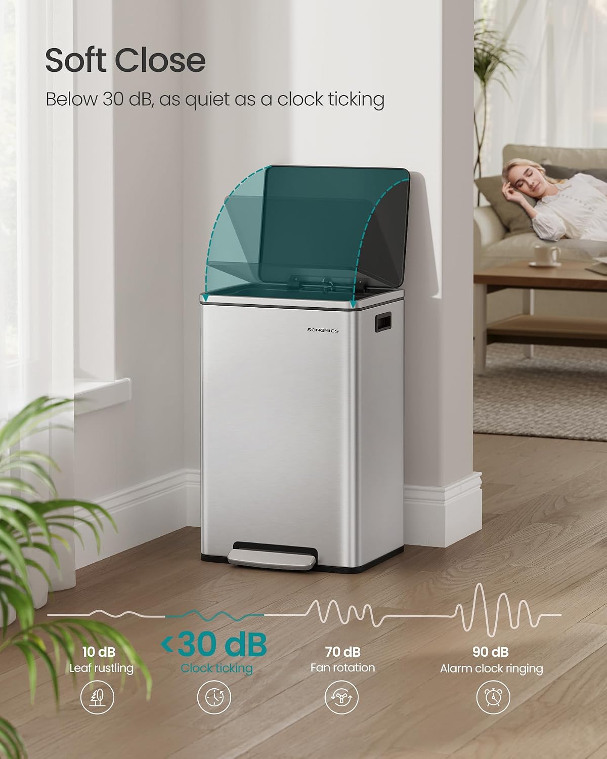 Detalle de SONGMICS Kitchen Bin 50 L with 15 Bin Bags – Stainless Steel, Soft Close, Removable Inner Bucket, with Lid
