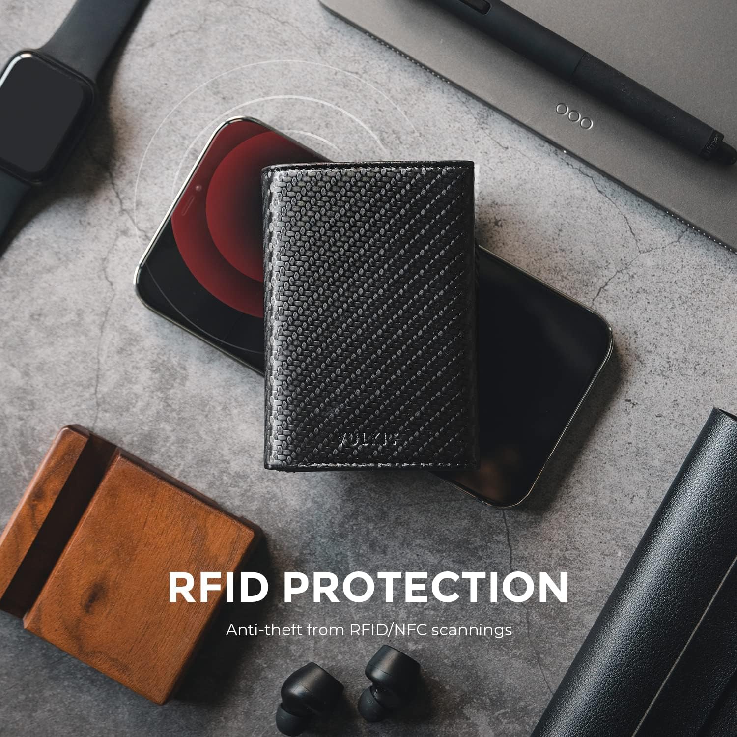 Detalle de VULKIT Leather Pop Up Card Wallet with RFID Blocking and Banknote Compartment