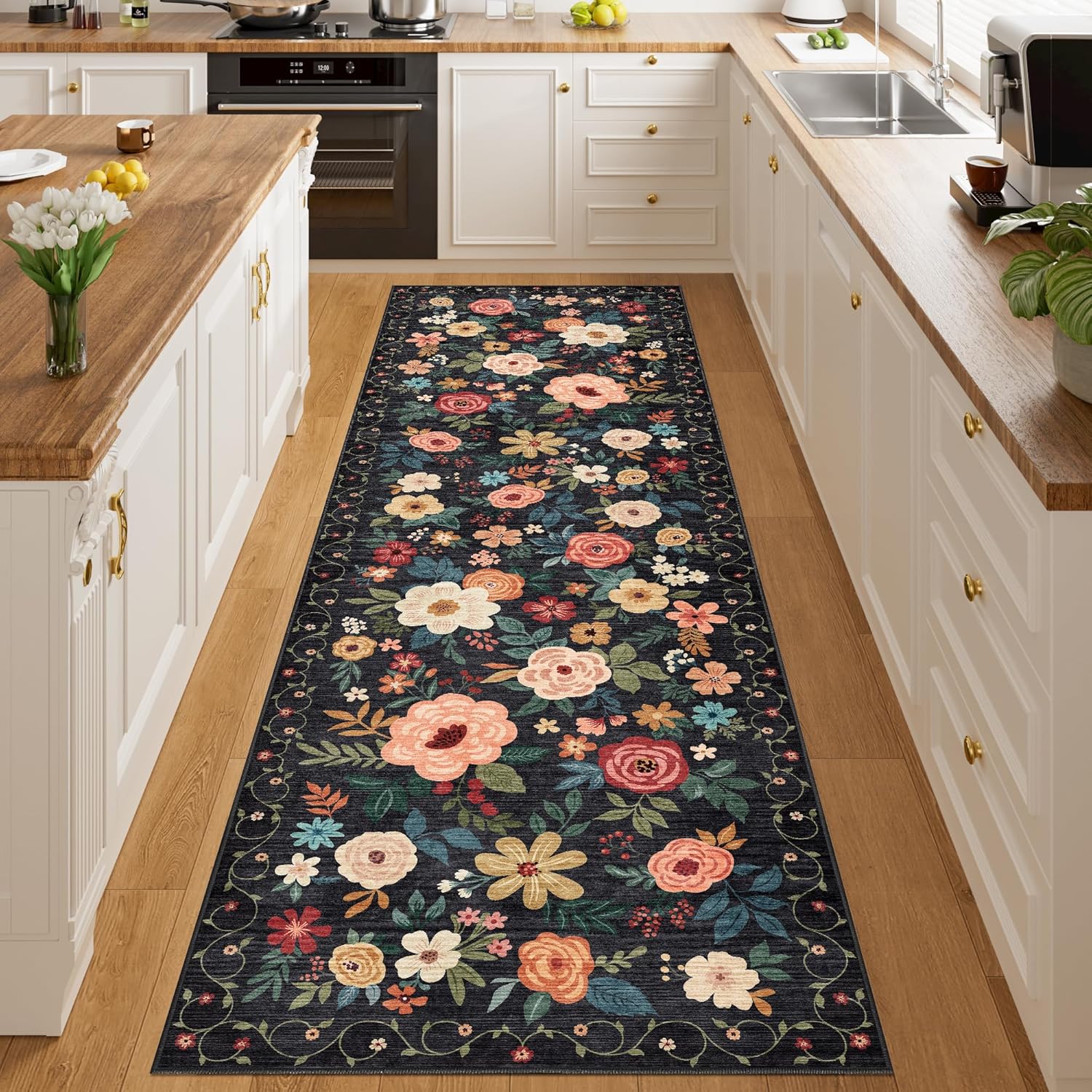 Thumbnail 4 de DUKINO Runner Rug (2x10) with Non Slip TPR Backing, Washable Low Pile Boho Floral for Kitchen & Entryway