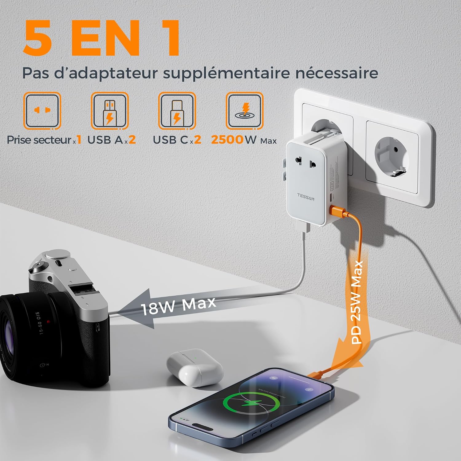 Detalle de TESSAN Adaptateur Prise Universelle PD 25W 🌍