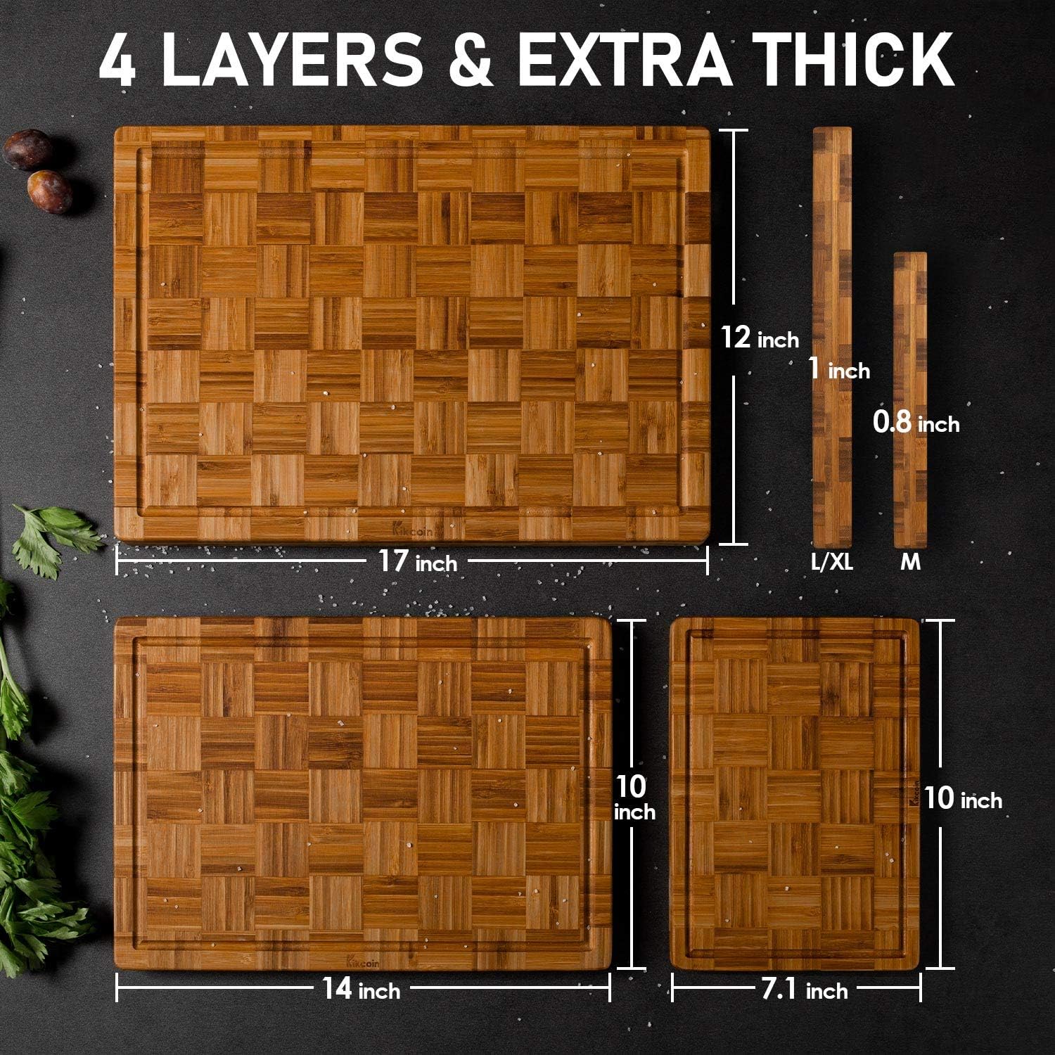 Detalle 2 de Kikcoin Extra Large Bamboo Cutting Boards Set of 3 ⚖