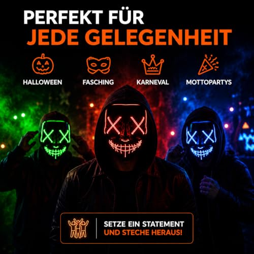 Detalle 2 de Costumed Purge LED-Maske in Grün mit steuerbaren Leuchtmodi für Halloween