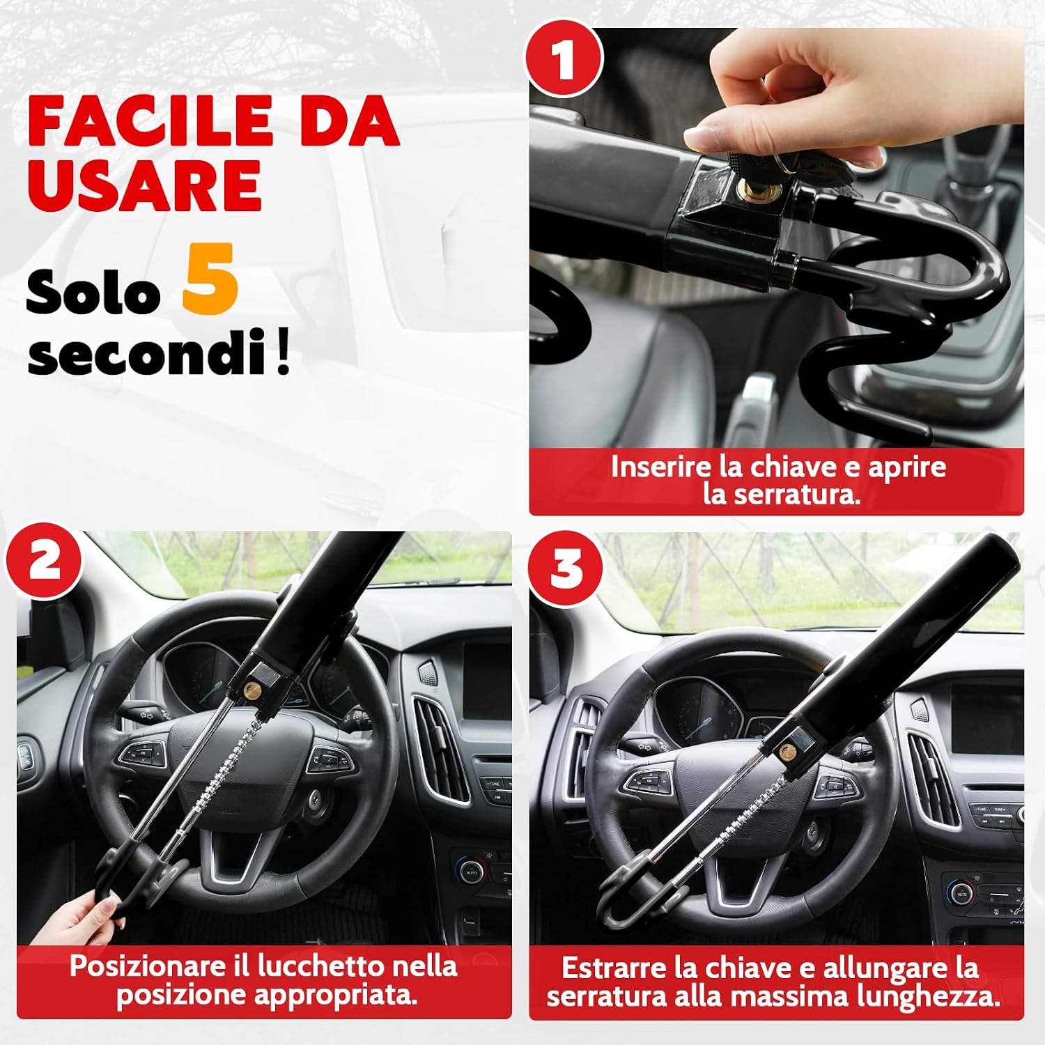 Thumbnail 5 de Tevlaphee Blocca Sterzo Automobile 3 chiavi 🔒