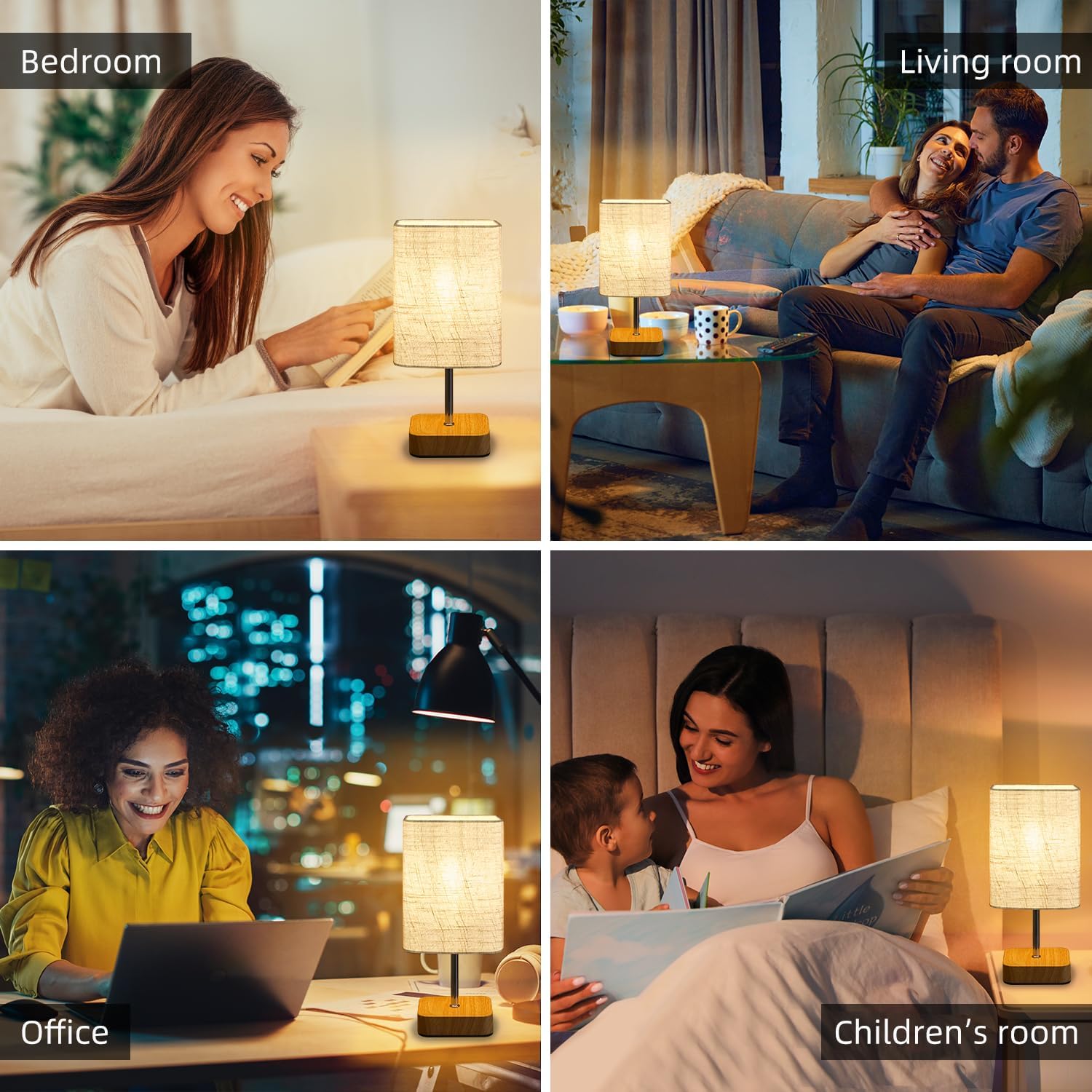 Detalle 2 de Touch Bedside Table Lamp with Dimmable Touch Control and USB Ports (Beige Linen Shade, Wood Base)