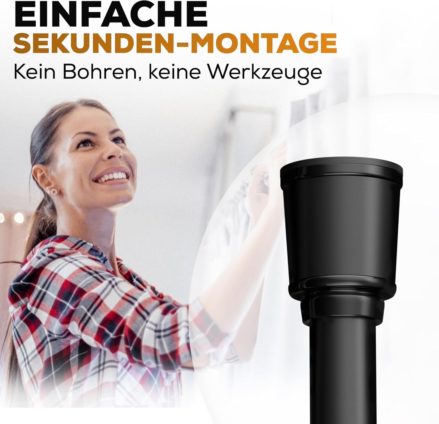 Thumbnail 2 de MEISENBERG Gardinenstange ohne Bohren 320-370 cm, Schwarz, Ø 32 mm – Teleskopstange zum Klemmen