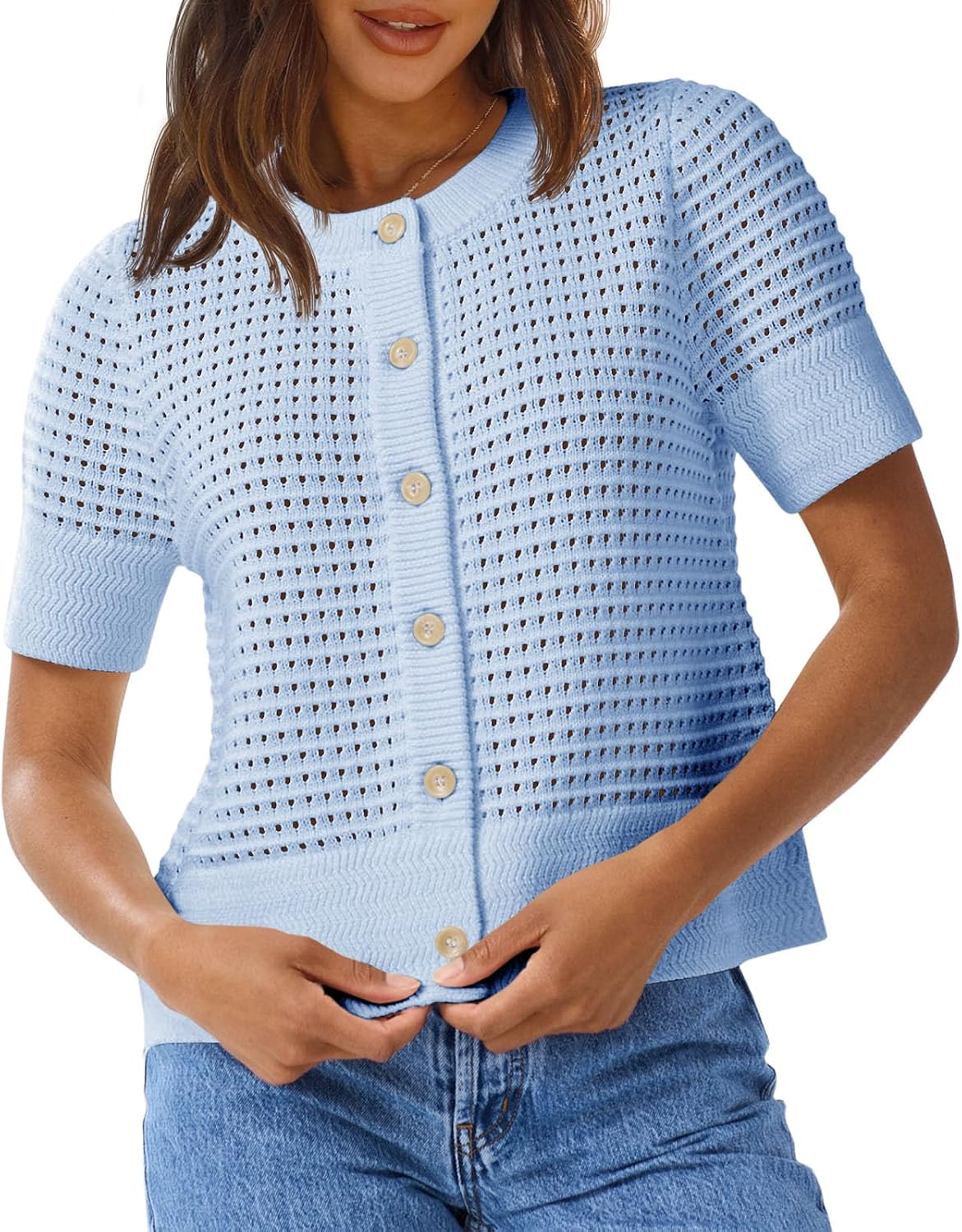 Detalle 2 de Saodimallsu Women’s Crochet Short Sleeve Button-Up Crew Neck Cardigan