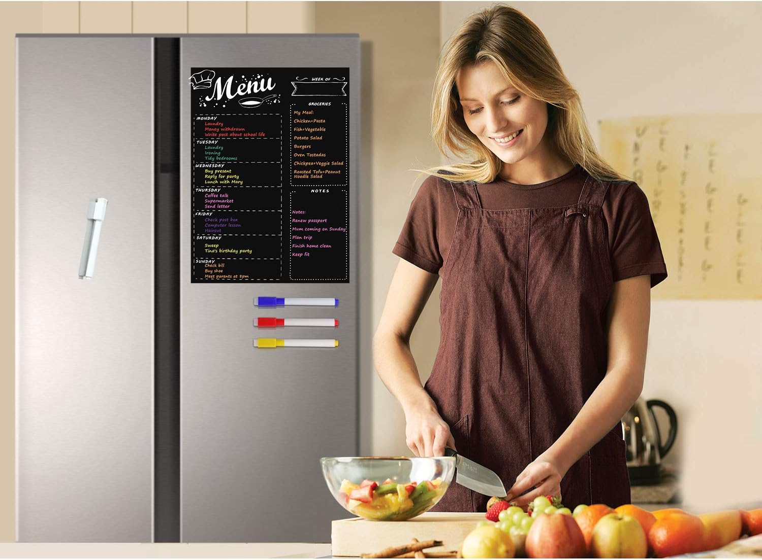 Detalle de MoKo P6492 Magnetic Weekly Meal Planner, 16 × 12 in, Black, 8 Markers