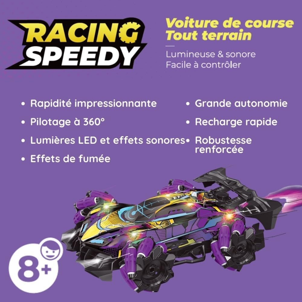 Detalle 2 de Racing Speedy : Voiture télécommandée de course avec gant de contrôle et manette – Rotation 360°, LED et fumée