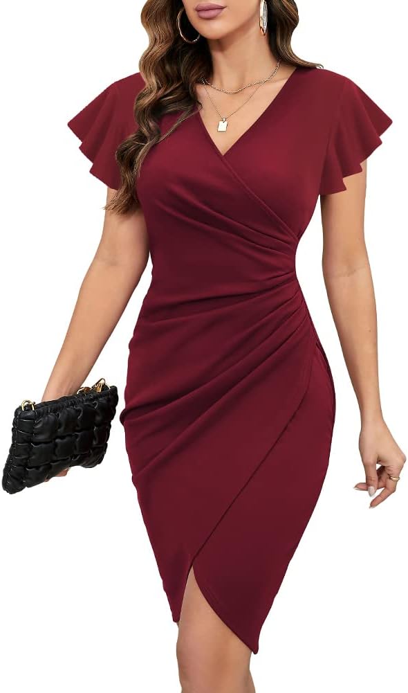 Thumbnail 5 de Machico 2026 Women's V Neck Ruffle Sleeve Faux Wrap Ruched Bodycon Dress