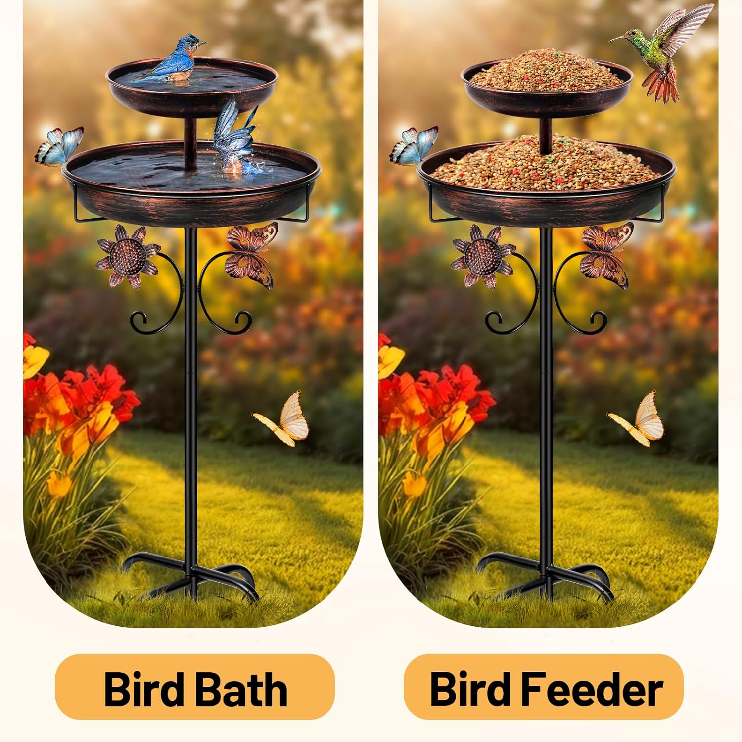 Thumbnail 3 de Metal Double Bird Bath & Feeder, 42in Freestanding Outdoor Birdbath (Antique Bronze) with 5-Pronged Base