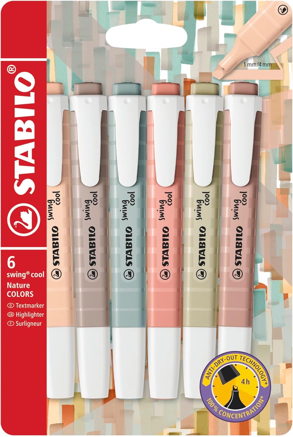 STABILO swing cool NatureCOLORS - Evidenziatore portatile a cattedra, astuccio da 6, colori assortiti