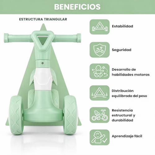 Detalle de Edibaby Triciclo Bebé 1 Año | Correpasillos ligero en color Menta, primera bici de equilibrio para bebés