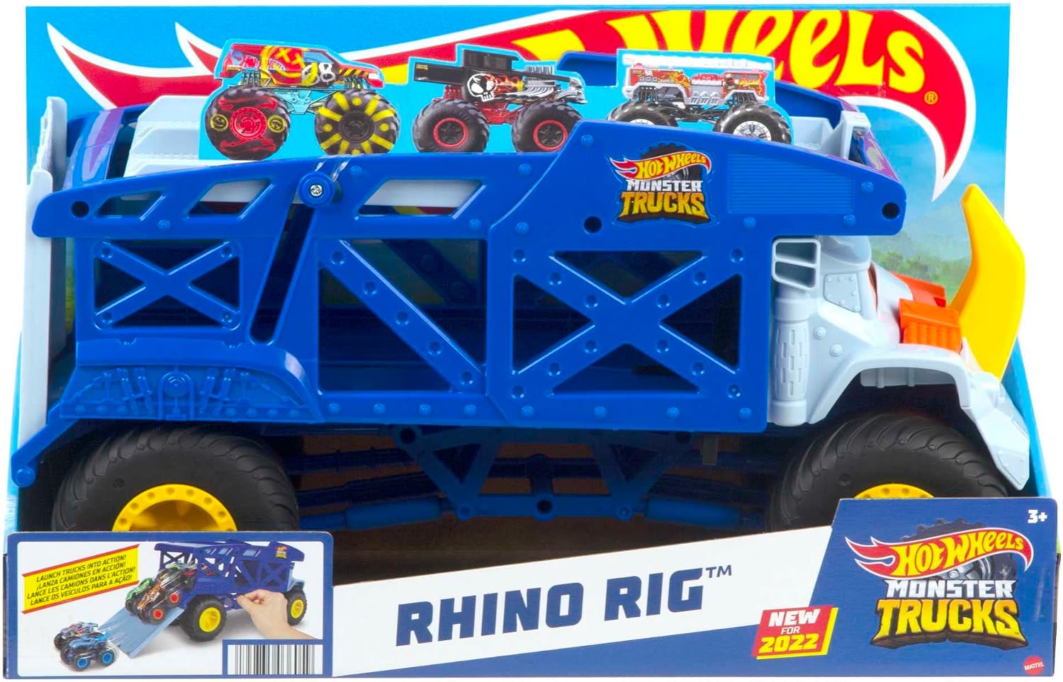 Detalle 2 de Hot Wheels Monster Trucks Rino-Trasportatore: Il Tuo Parco Auto in 2 Livelli per Giovani Piloti