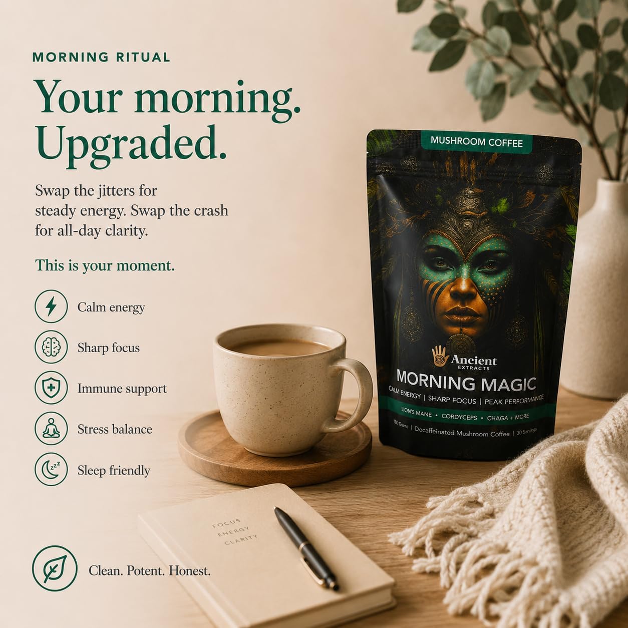 Detalle de Ancient Extracts Morning Magic Mushroom Coffee Decaf (180g) with Lions Mane, Cordyceps, Ashwagandha & Maca Root