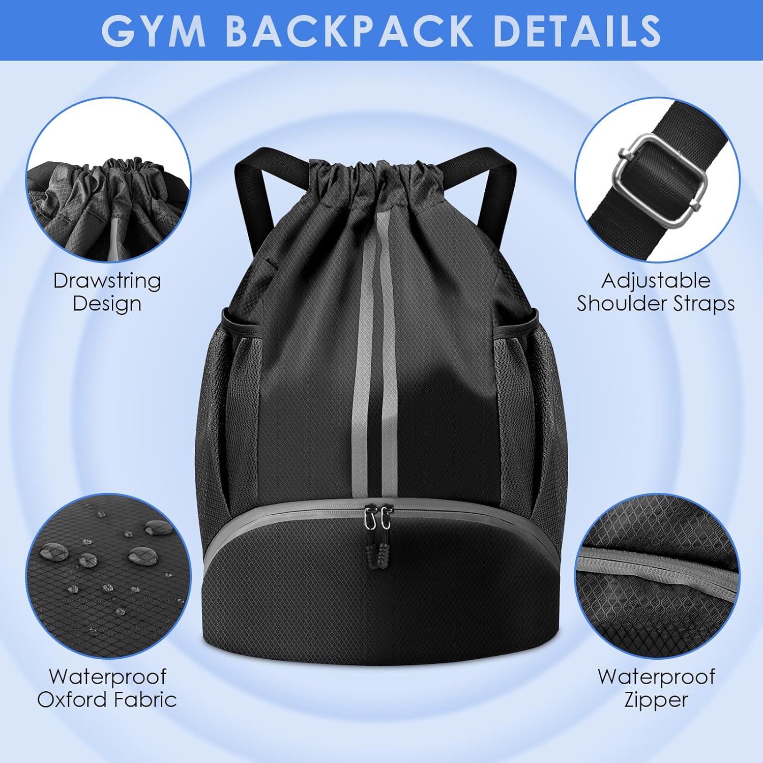 Thumbnail 3 de BROTOU Unisex Waterproof Drawstring Backpack Gym Bag with Shoe Bag (Oxford, Large)