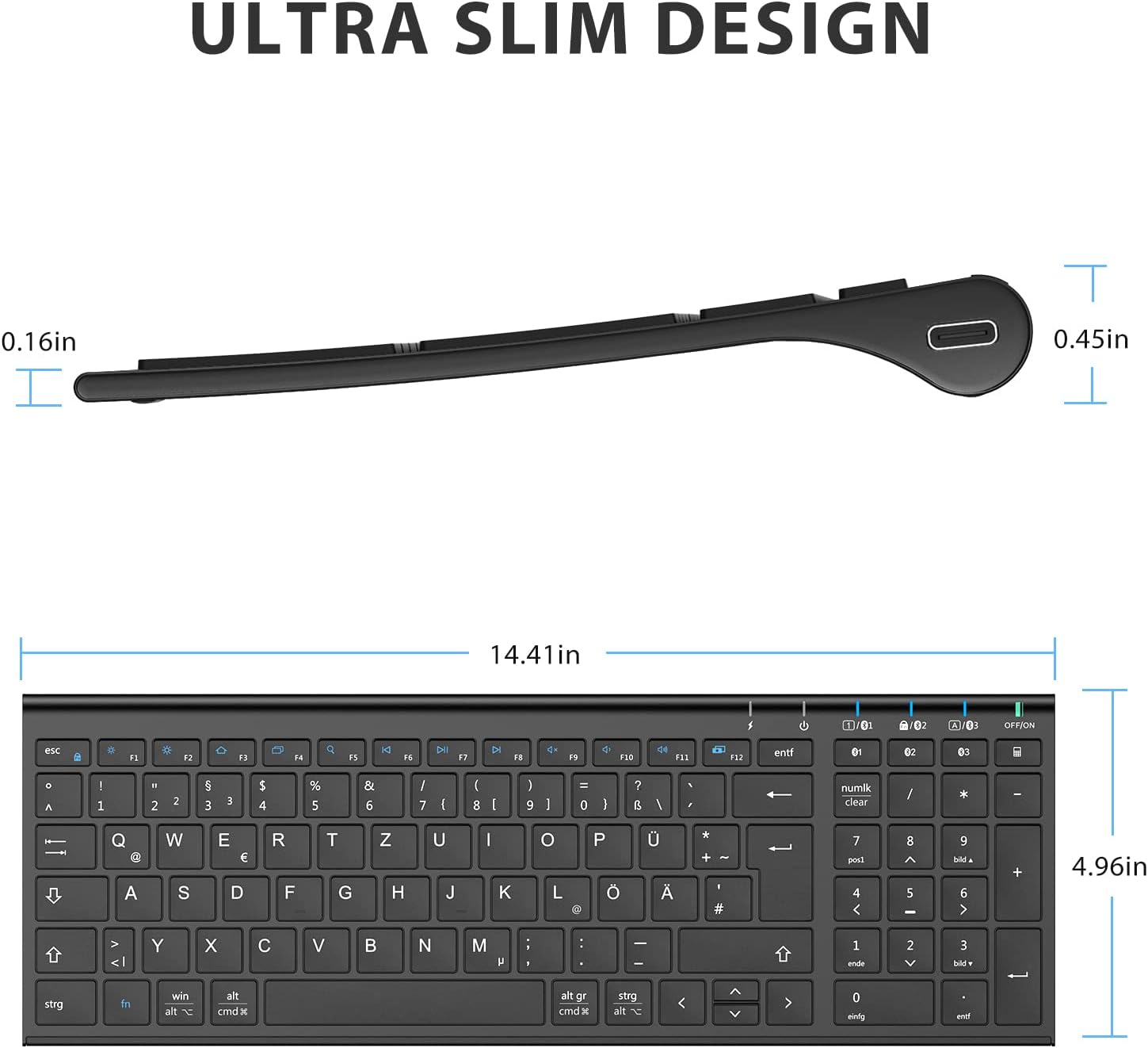 Detalle de iClever BK10 Bluetooth Tastatur mit 3 Geräten, wiederaufladbar und deutschem QWERTZ