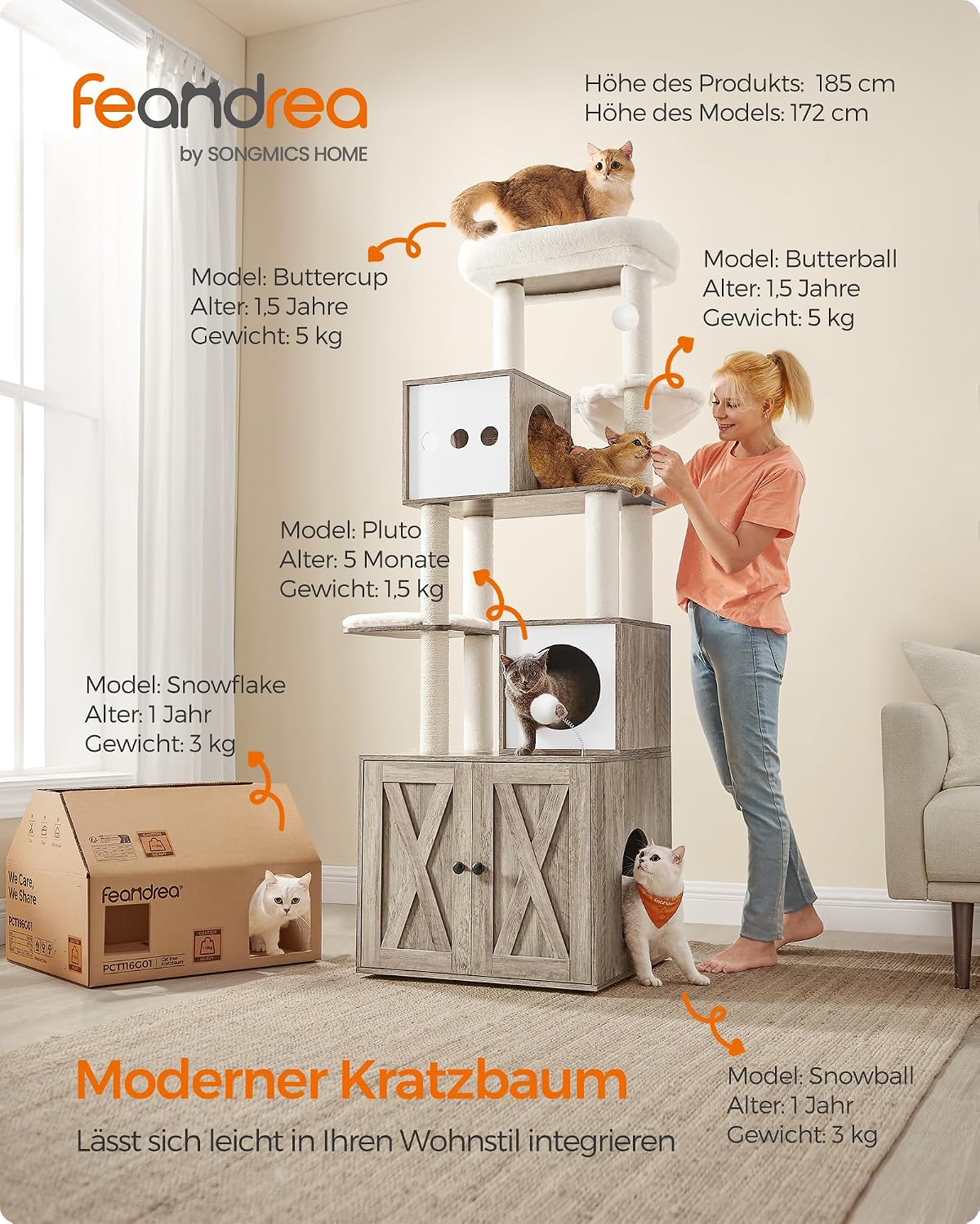 Detalle de Feandrea Kratzbaum mit Katzenklo-Schrank – kompakter Katzenbaum, 178 cm, Greige/Weiß