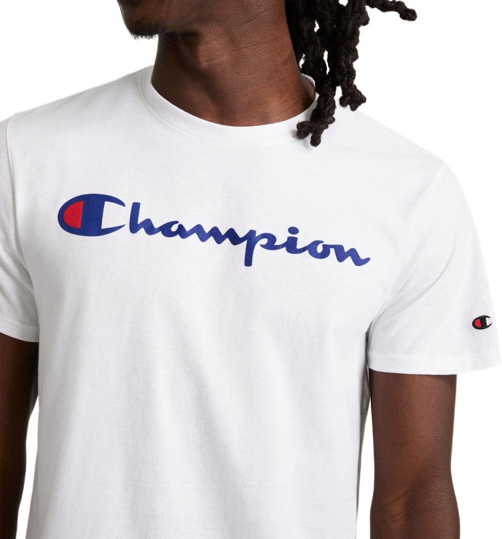 Detalle de Champion Men's Graphic Short Sleeve T-Shirt, Standard Fit, Classic Script Logo — Midweight 100% Cotton