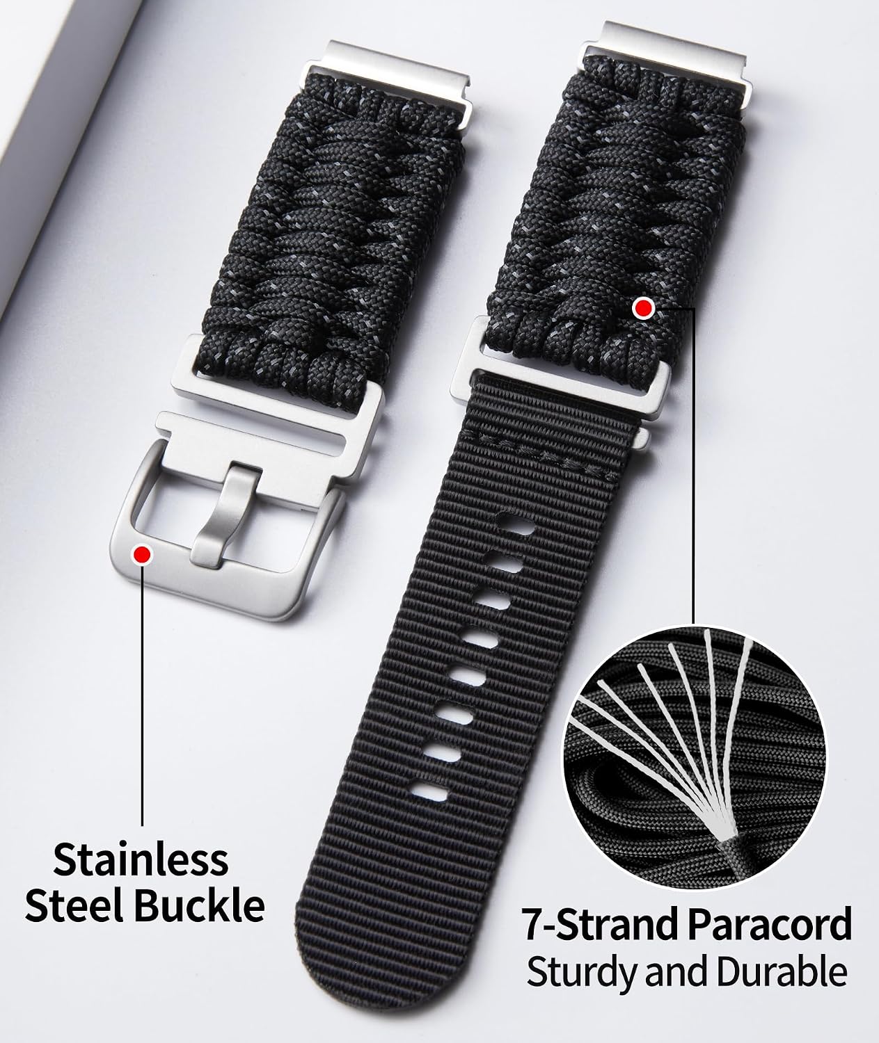 Detalle de BINLUN Braided Paracord Watch Strap – 18/20/22mm Quick Release for 20mm Lugs