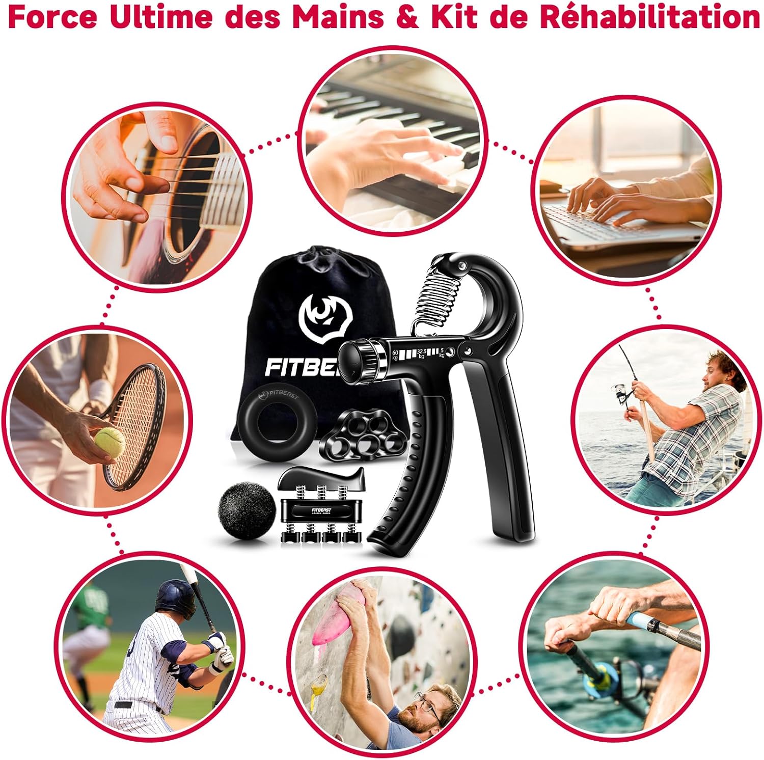 Thumbnail 4 de FitBeast Hand Grip musculation avant-bras – pack de 5 poignées ajustables (5 à 60 kg) + anneau + balle anti-stress