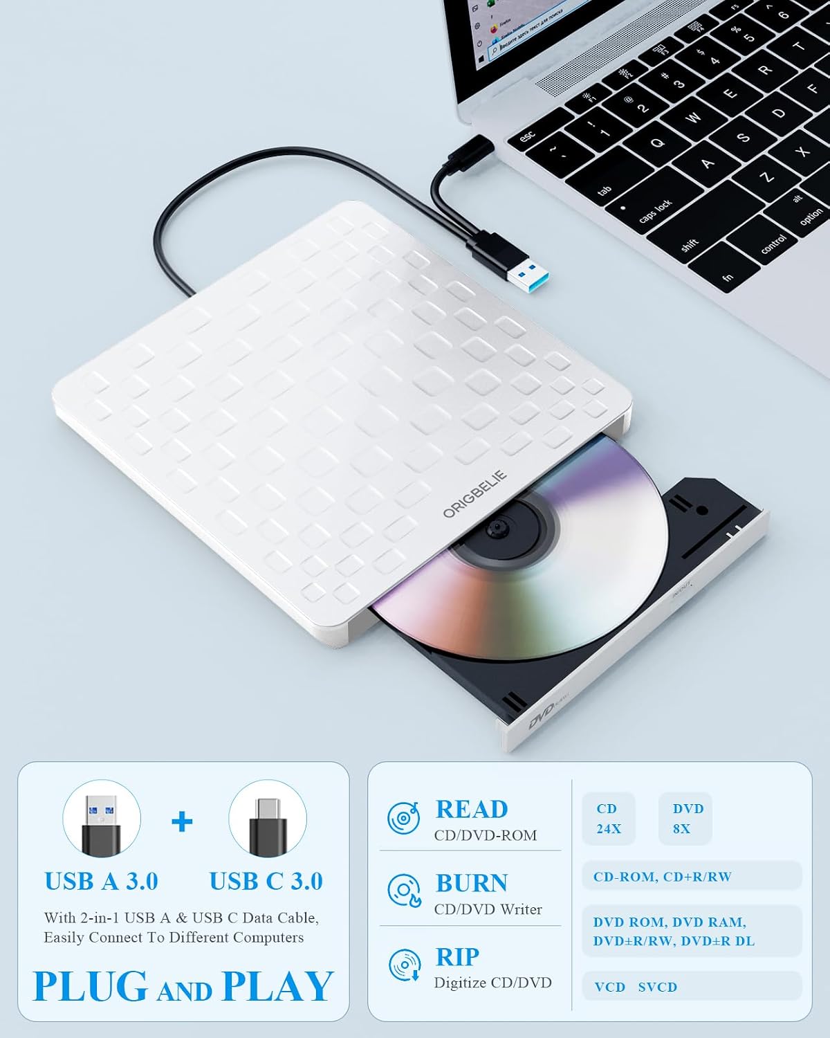 Detalle 1 de ORIGBELIE External CD/DVD Drive for Laptop – Ultra-slim 13mm USB 3.0 Type-C Portable Burner/Reader (White)