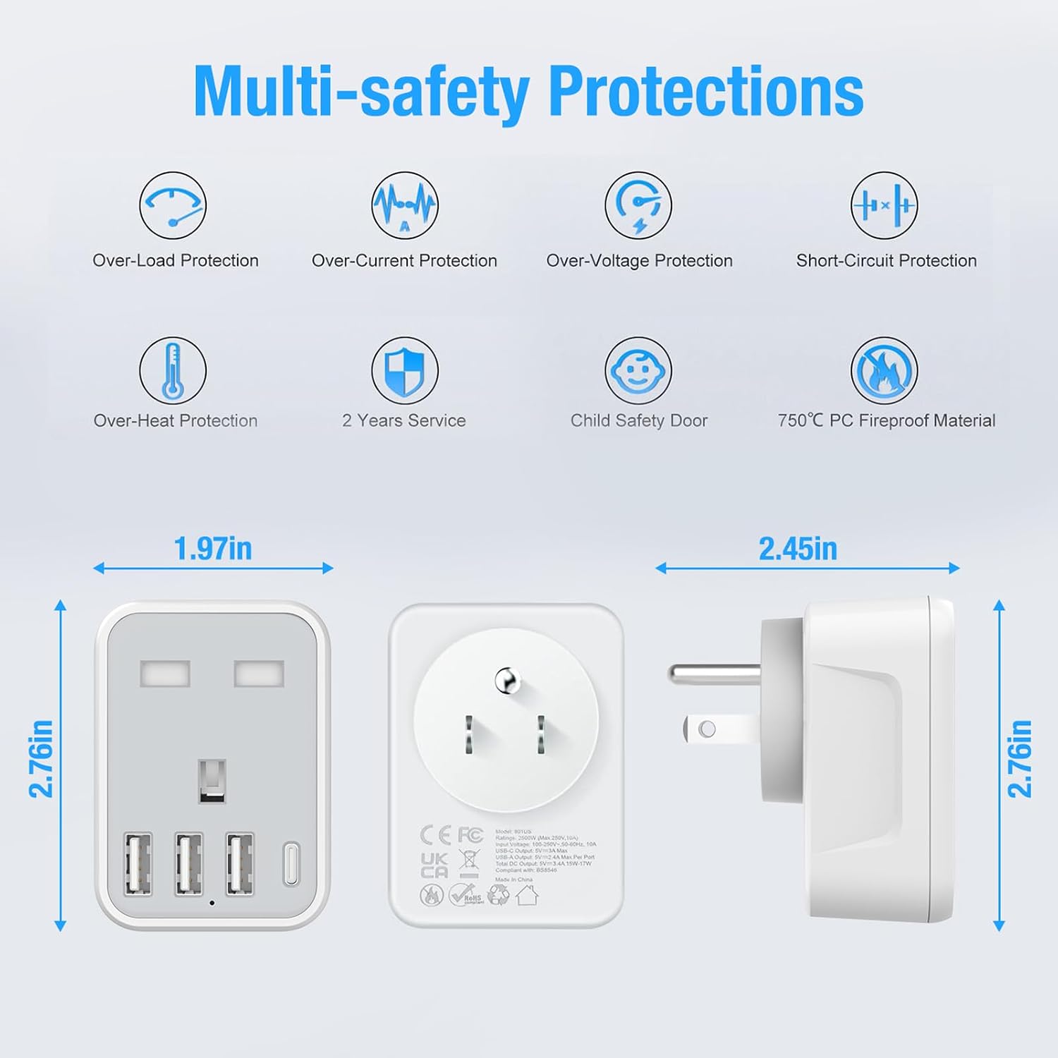 Thumbnail 5 de 2 Pack USA Travel Adapter with 4 USB Ports and 1 USB‑C ⚡️🔌