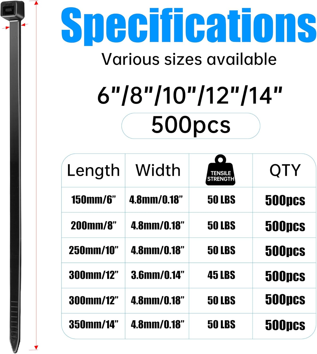 Detalle 2 de DUNSOO 500 Pack Black Cable Ties, 200mm x 4.8mm Premium Nylon Zip Ties, Heavy Duty Tie Wraps for Wire Management, Home, Garden, Office and DIY
DUNSOO 500 Pack Black Cable Ties, 200mm x 4.8m…