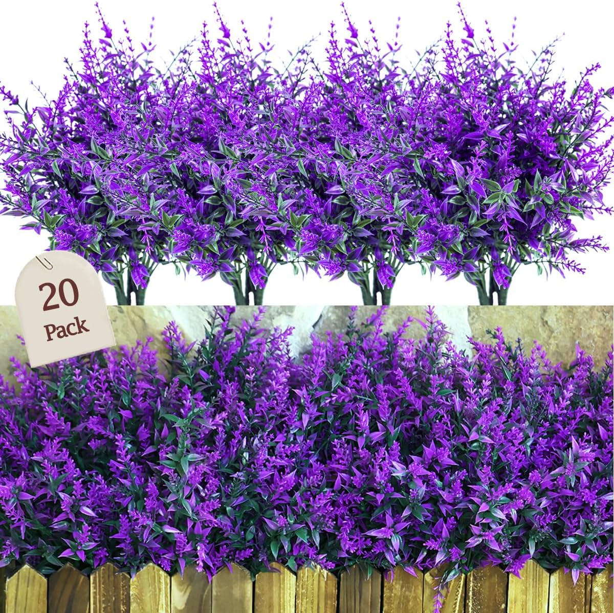 Detalle de Sredumn 20 Bundles Artificial Lavender Flowers (UV Resistant Plastic) for Outdoor Pots, Baskets & Trellis