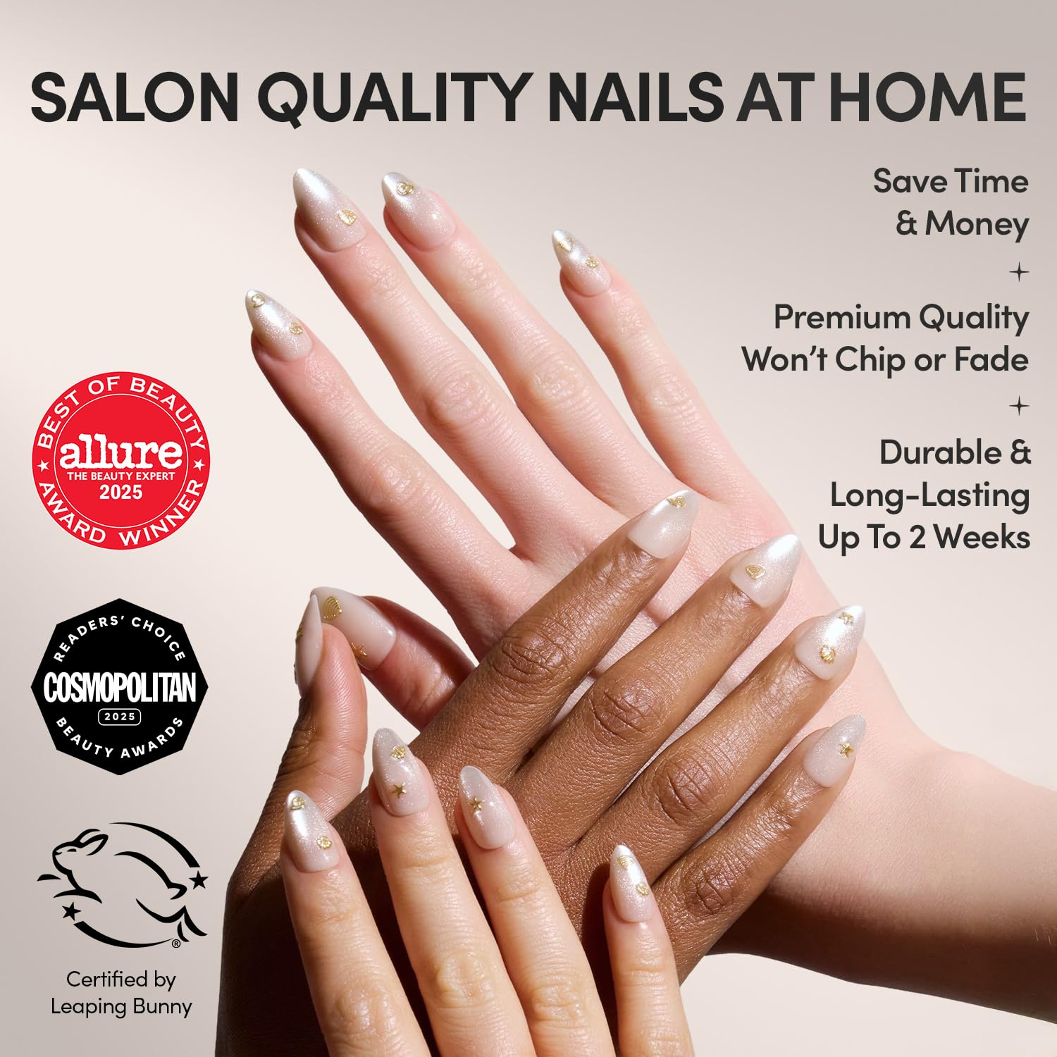 Thumbnail 1 de Glamnetic Press On Nails - Sanded, Short Almond Nude with Raised Gold Seashell Accents