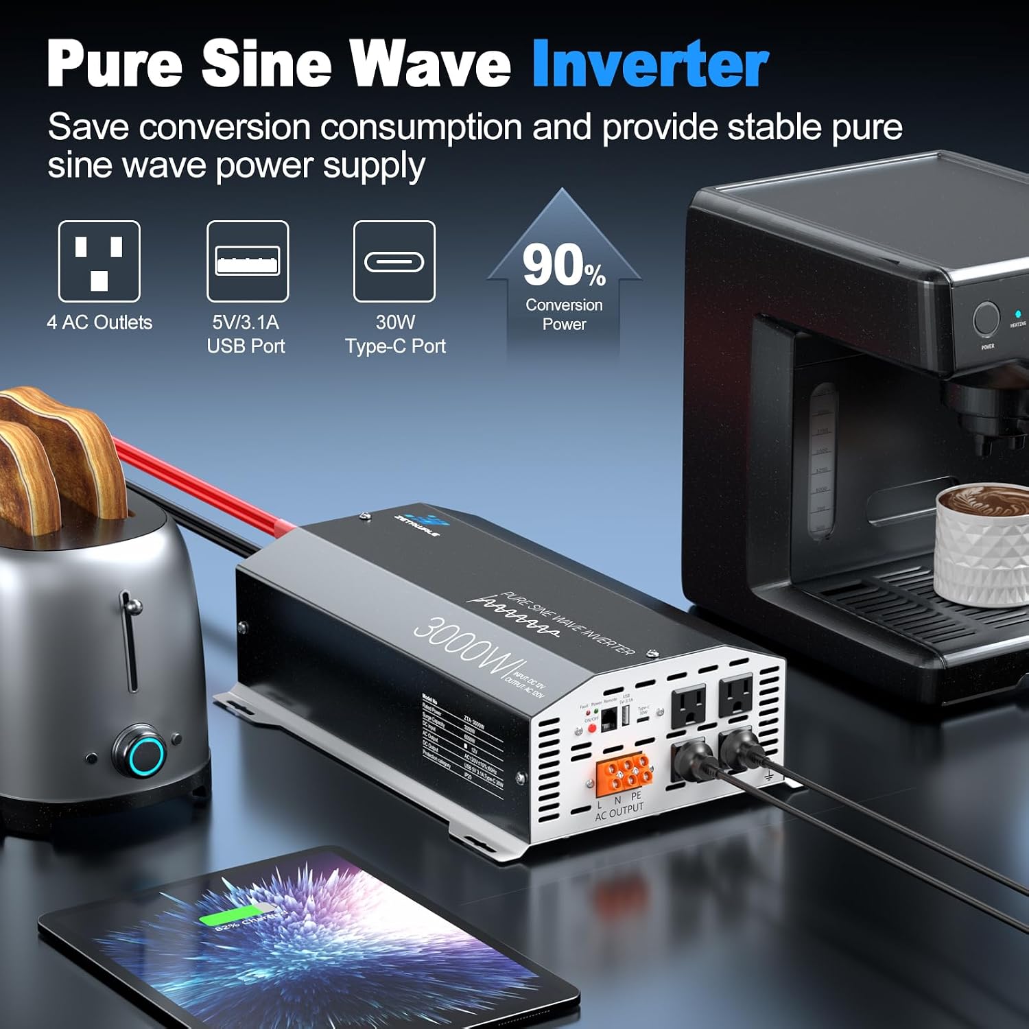 Detalle de 3000 Watts Pure Sine Wave Inverter 12V DC to 110V/120V AC with 6000W Peak, LCD Remote, USB-C & 4 Outlets