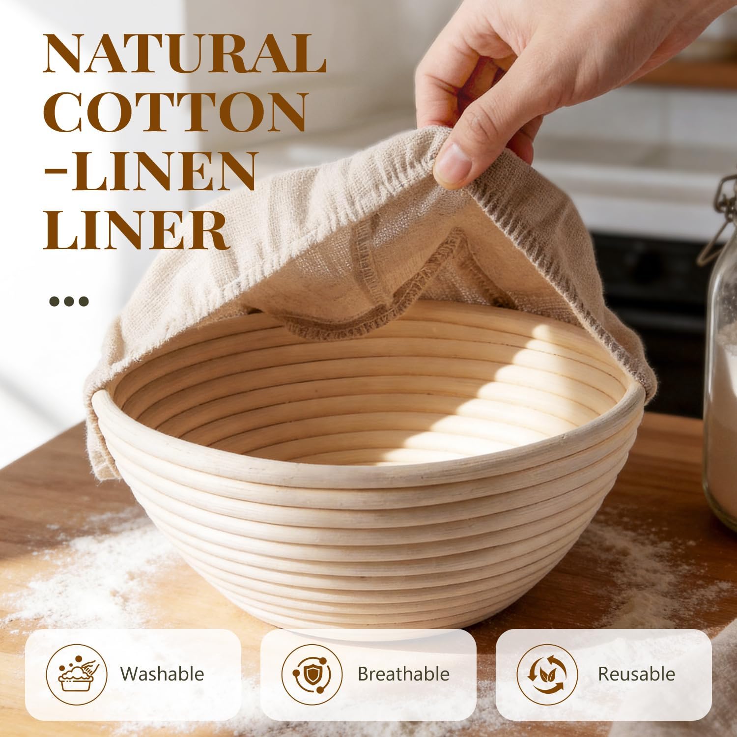 Detalle 2 de BAVIFY Bread Proofing Baskets, 2-Pack 9-Inch Round Natural Rattan Bannetons