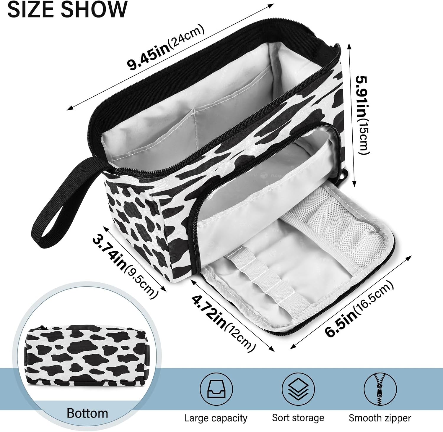 Thumbnail 2 de Mnsruu Big Capacity Pencil Case Black and White Cow Print – versatile organiser for school, travel and home