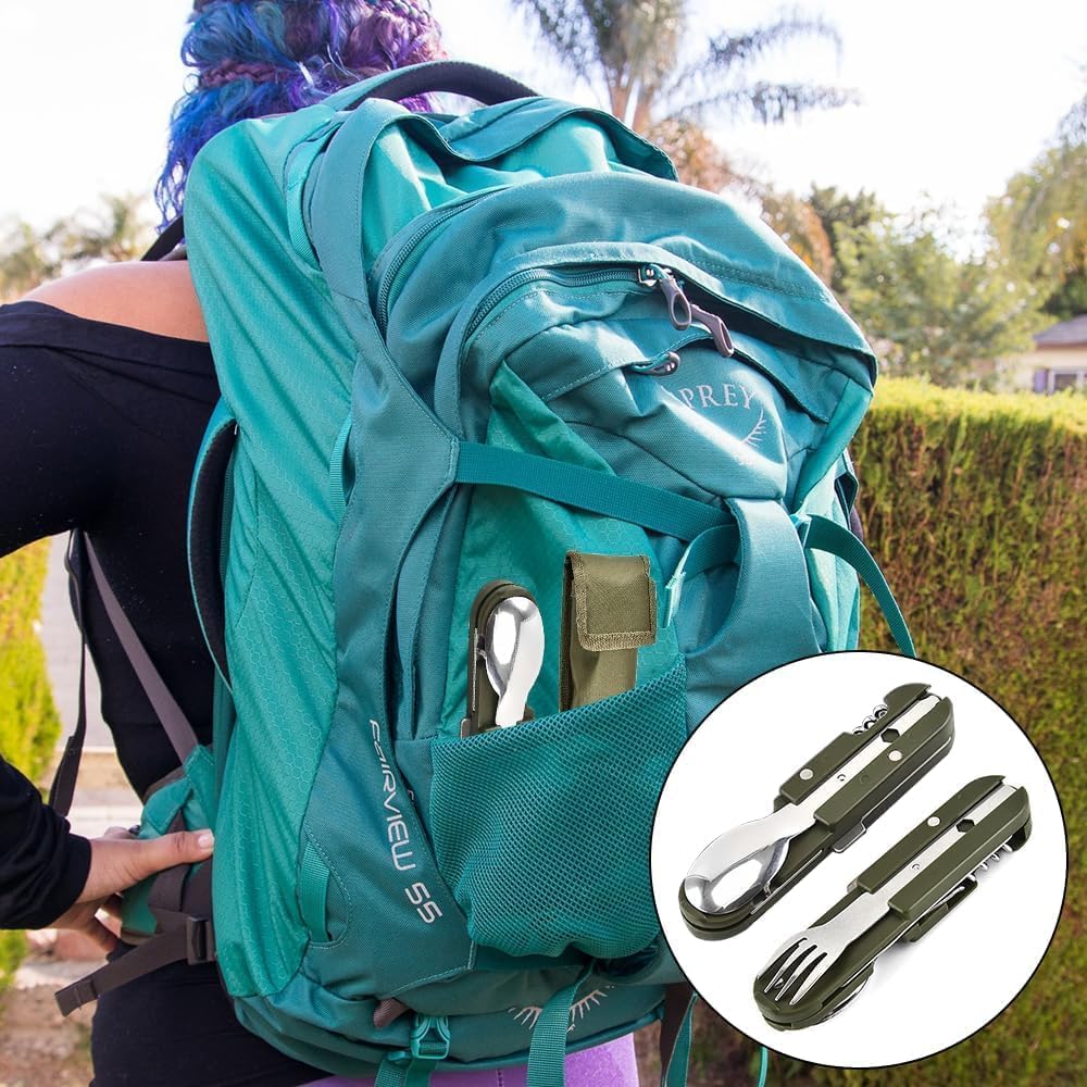 Detalle de Aoreun S-Blackyycj campingbestek, 6-in-1 roestvrij staal met nylon tas