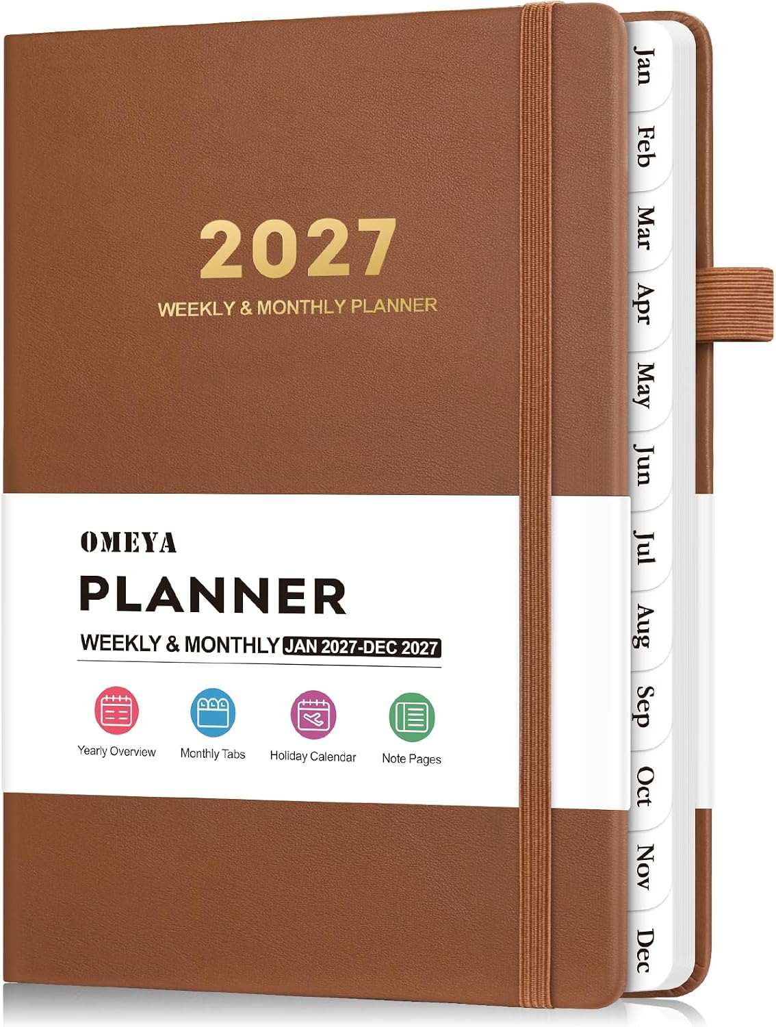 Detalle de OMEYA 2027 A5 Weekly and Monthly Planner, Brown Faux-Leather Hardcover