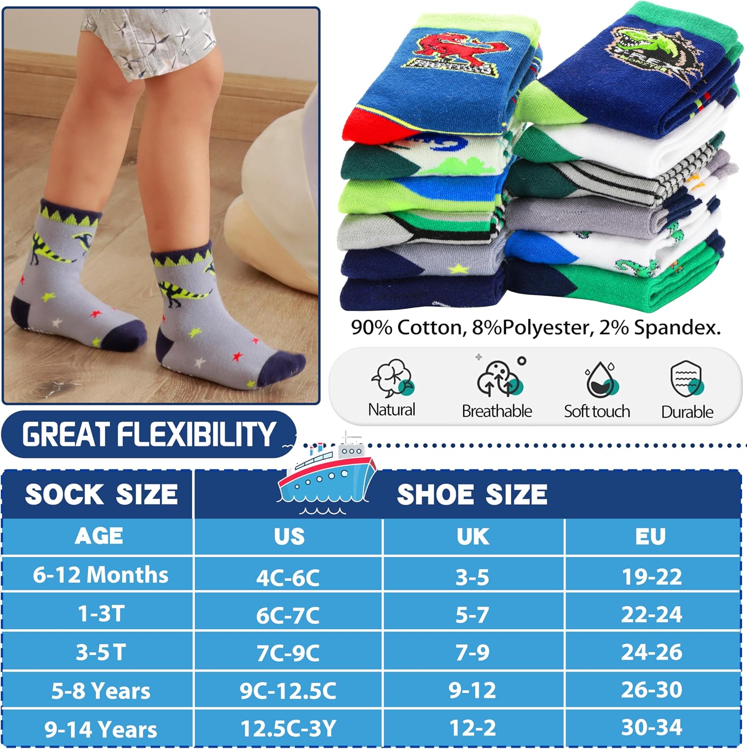 Thumbnail 4 de Welwoos 12 Pairs Baby Boys Grips Socks (Non-Slip, Cartoon Cotton) – toddler anti-skid socks