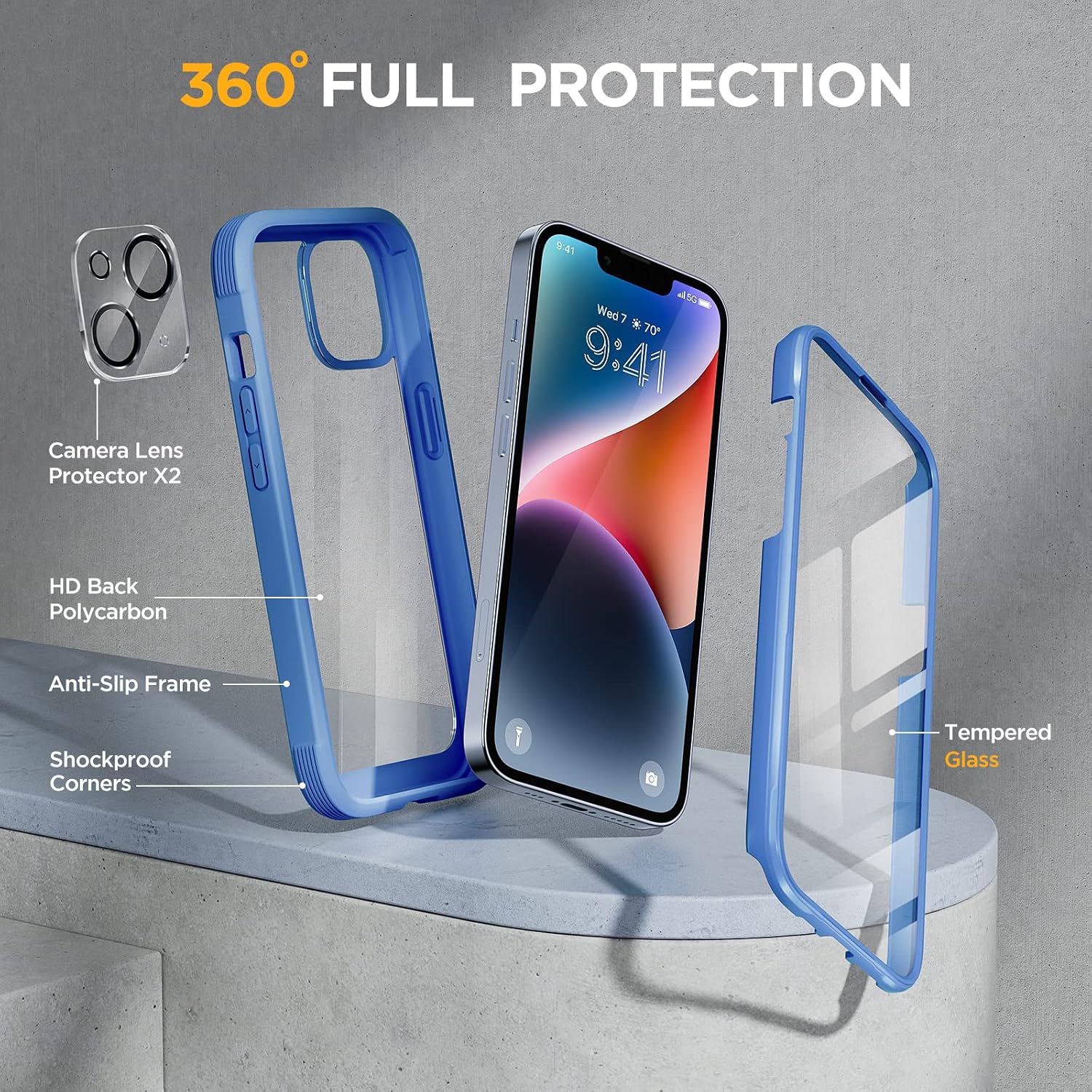 Detalle 2 de Miracase iPhone 14 6.1-inch Case with Built-in 9H Glass Screen Protector (Capri Blue)