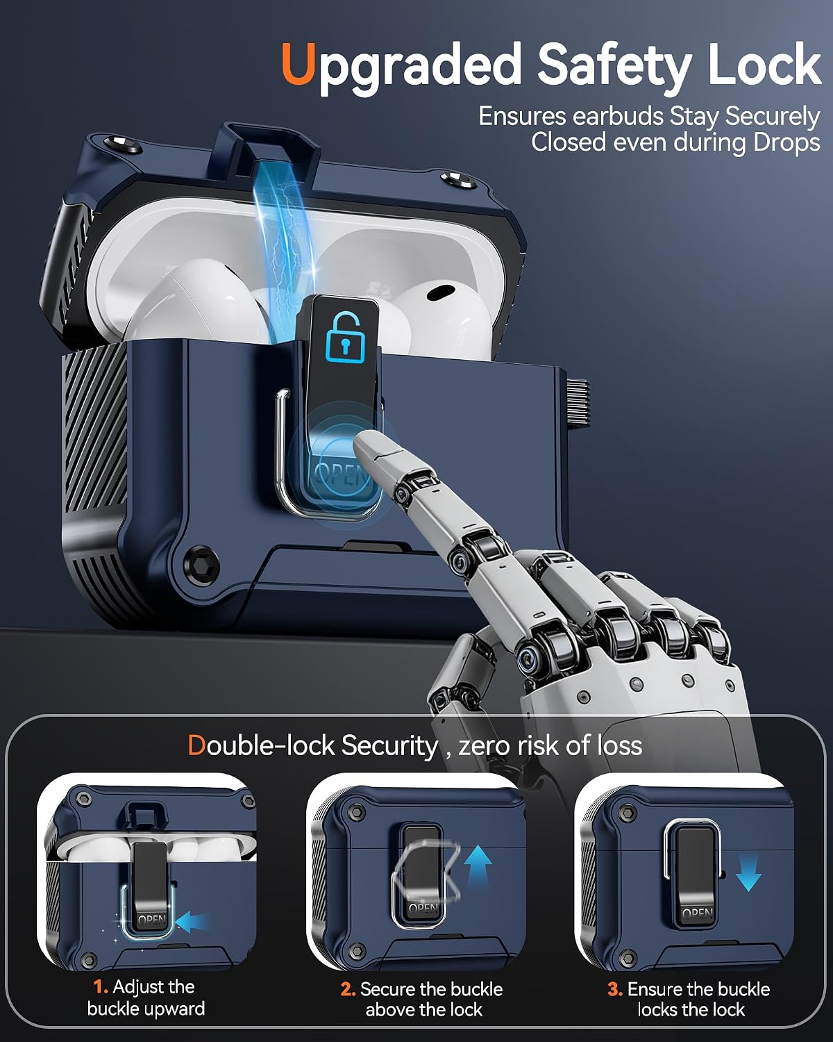 Detalle 1 de Tecolu AirPods Pro 3 Case 2025, Hybrid Protective Case with Lock and Stand