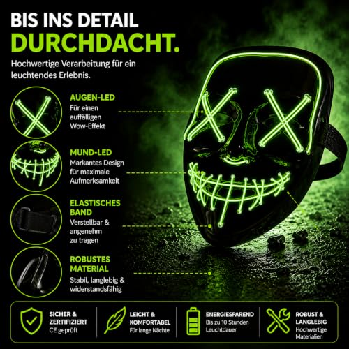 Detalle 2 de Costumed Purge LED-Maske in Grün mit steuerbaren Leuchtmodi für Halloween