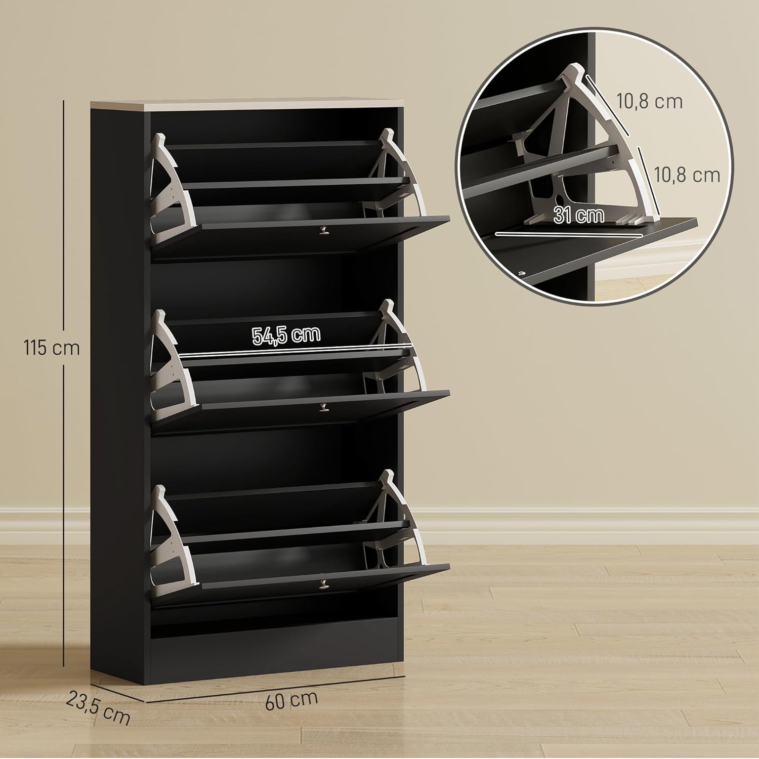 Thumbnail 2 de HOMCOM Meuble à Chaussures 18 Paires – Armoire étroite noire avec 3 tiroirs rabattables et étagères réglables