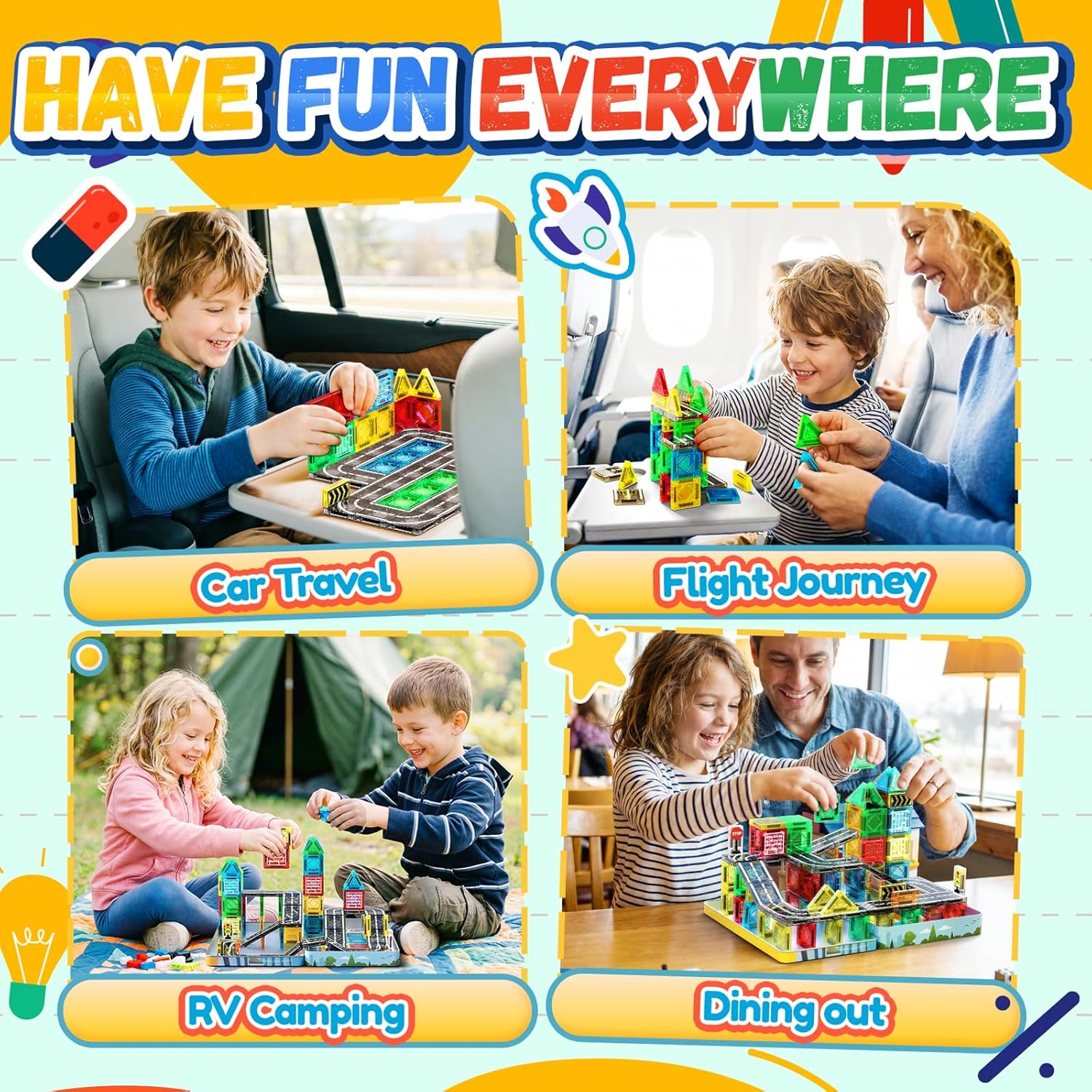 Detalle de iKidiki 58 PCS Mini Travel Magnetic Tiles Set – Compact City-Building Play for 3–6 Year Olds