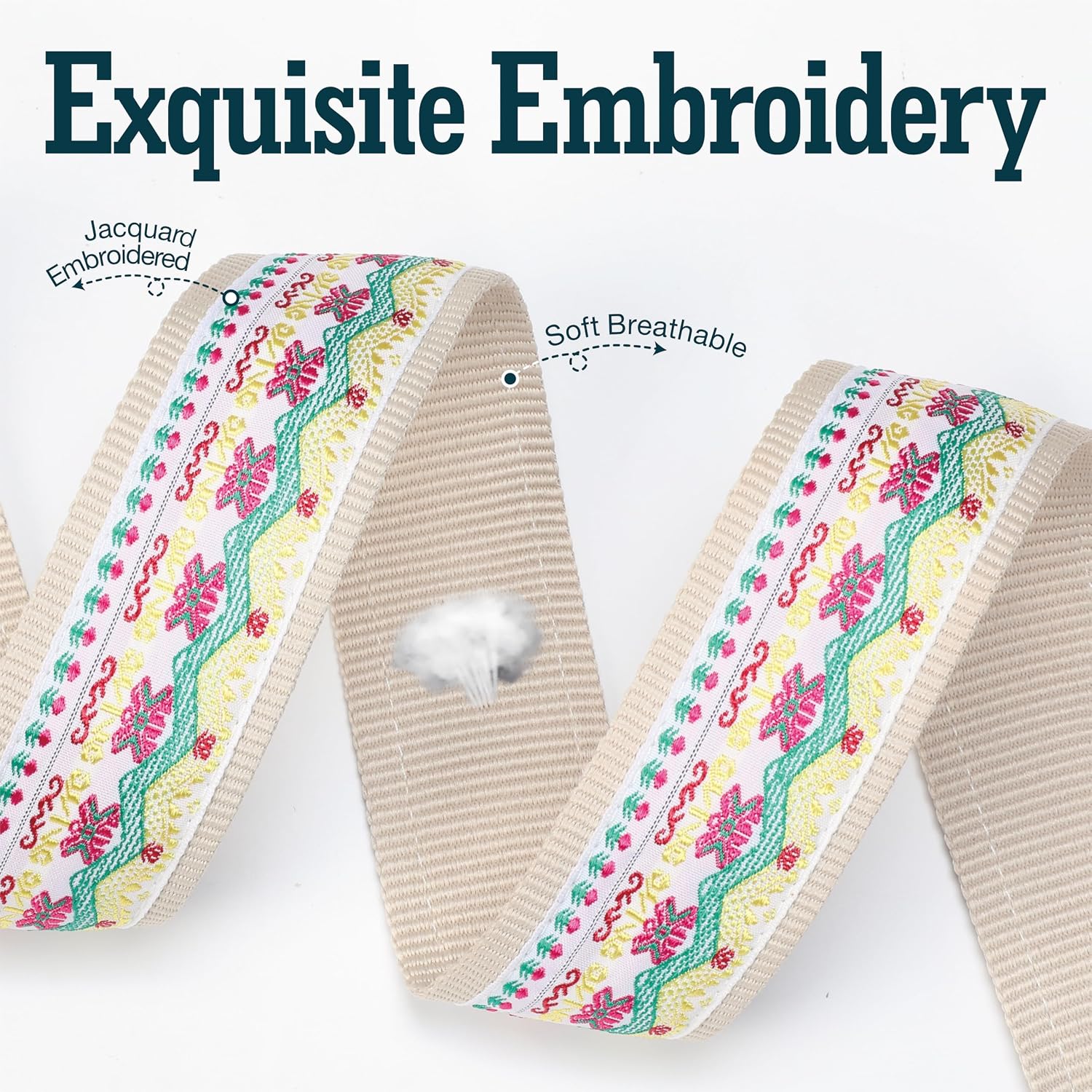 Thumbnail 2 de BOONSPARK Guitar Strap, Lotus Embroidery, 2-Inch Adjustable Cotton with Cowhide Ends