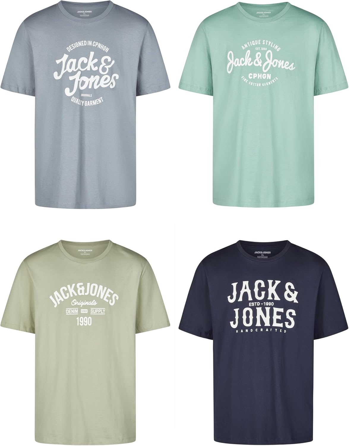 Detalle de Jack & Jones Regular Fit T-Shirt JJLINO 4er Pack – Kurzarm Rundhals, Baumwolle, Schwarz Weiß Grün Rot Blau Grau (S–3XL)