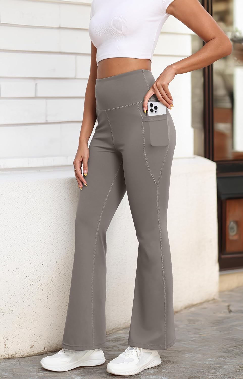 Detalle de GRECERELLE Wide Leg Trousers for Women – High-Waisted Sculpting Yoga Pants with Side Pockets