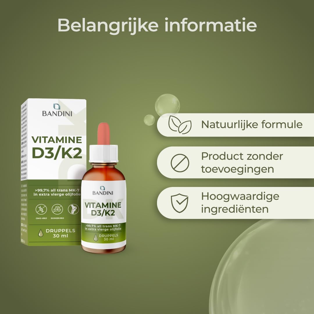 Detalle de BANDINI D3+K2 vitamine D3- en K2-druppels met olijfolie, 1000 IE per druppel