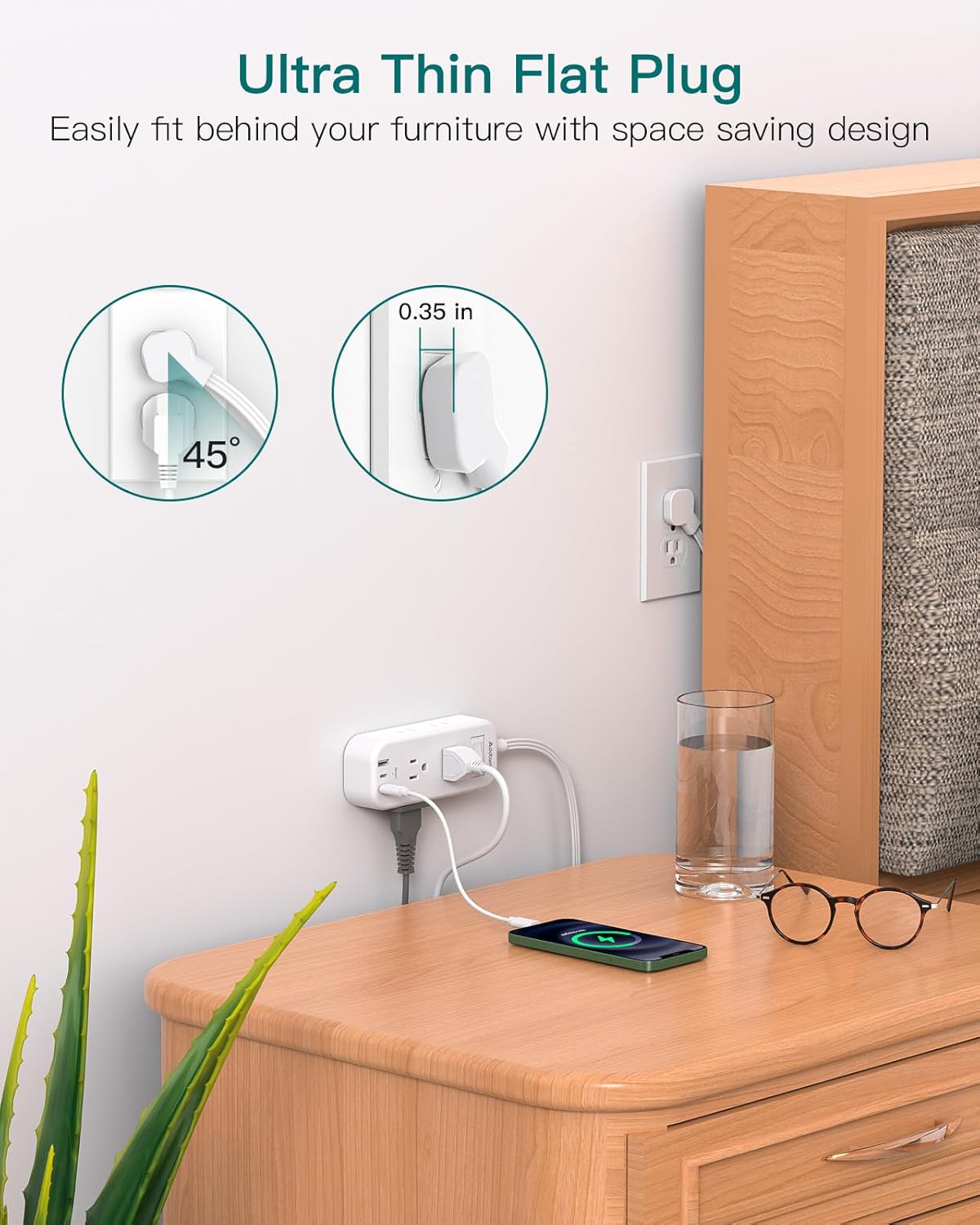 Detalle de Extension Cord 15 ft Power Strip Surge Protector with 6 AC Outlets and 3 USB Ports (2 USB-C)